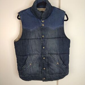 Adlib 100% Cotton Denim Western Quilted Puffer Vest Mens Size L Blue Snap Closer